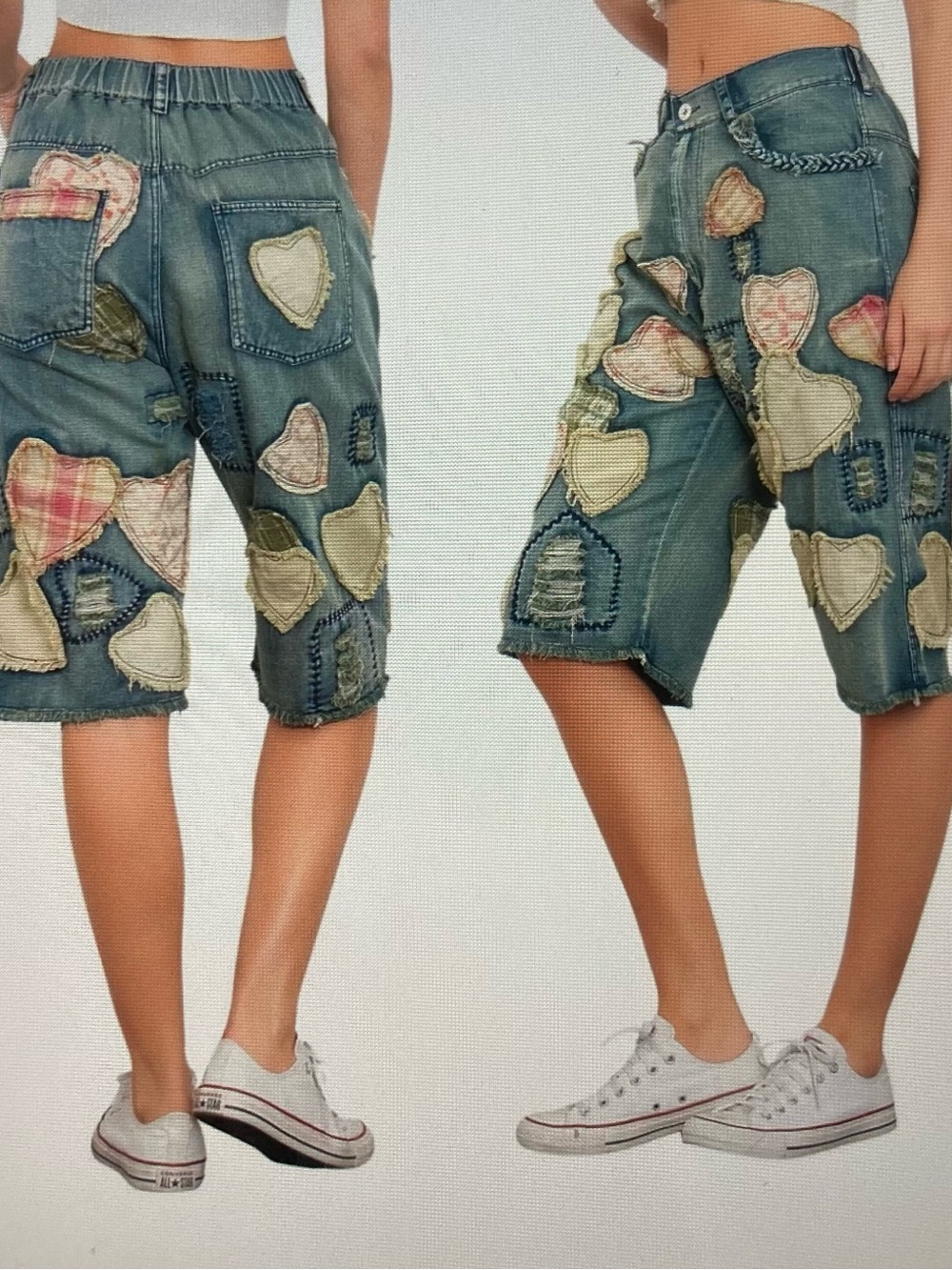 Blue Velvet Denim Patchwork Heart Knee-Length Shorts - Blue
